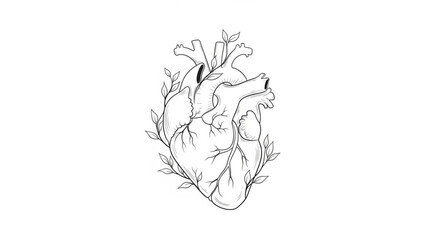 Anatomical illustration of a human heart with leaves, viewed from the front, showcasing intricate details and textures in a simple line drawing style