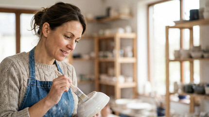 Woman applying glaze to pottery while smiling in a ceramic studio  