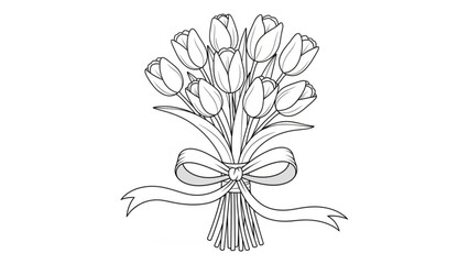 A simple line drawing of a bouquet of tulips tied with a ribbon, viewed from the front.