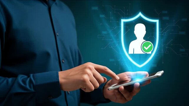 Identity authentication technologies. Secure passwordless multi-factor authentication. Businessperson tapping smartphone screen to use authenticator application.
