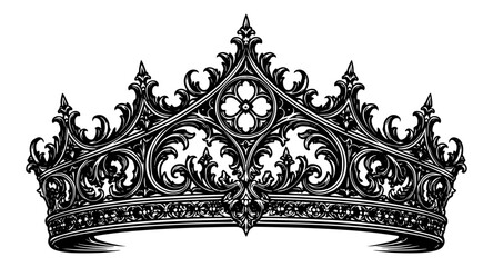 ornate vintage baroque crown illustration with intricate gothic filigree scrollwork and symmetrical floral detailing