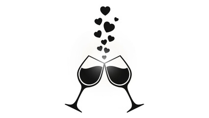 Two wine glasses toasting with hearts floating above them in a celebratory gesture
