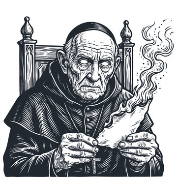 Vector illustration of a blind old monk or inquisitor burning a paper scroll. Dark, gothic art in a detailed, vintage engraving or woodcut style.