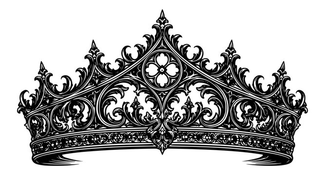 ornate vintage baroque crown illustration with intricate gothic filigree scrollwork and symmetrical floral detailing
