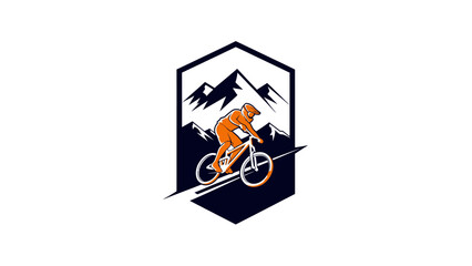 Dynamic illustration of a mountain biker descending a steep, rocky trail with a majestic mountain range in the background, set within a hexagonal frame.