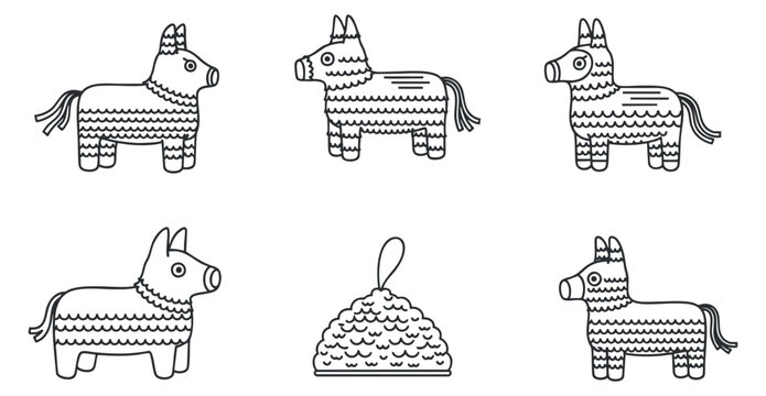 A collection of pinata illustrations in outline vector style, ideal for party decorations and festive designs