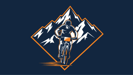 Dynamic illustration of a mountain biker descending a steep, rocky trail with snow-capped mountains in the background, set within an orange diamond frame. © morph