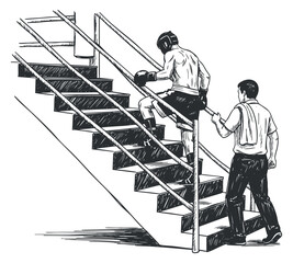A boxer ascending stairs with a coach assisting in a detailed sketch style, ideal for fitness and sports themes