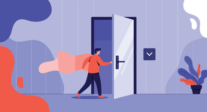 Man entering or leaving through an open doorway into a bright space representing new opportunities or a fresh start.