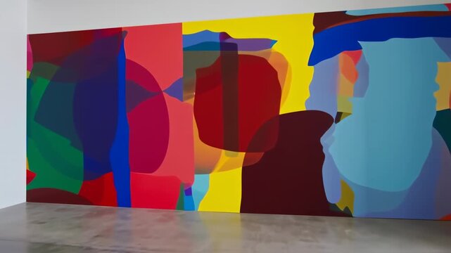 A large, abstract, colorful mural on a gallery wall. Bright hues overlap with other colors