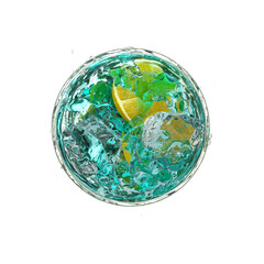 Refreshing blue cocktail with lemon slices and mint leaves in a glass