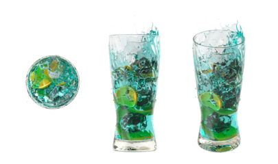Refreshing blue cocktail with ice, mint, and citrus slices splashing in a tall glass