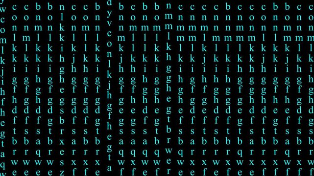 coding and programming visual background for technology video,cybersecurity background with scrolling tech character animation,digital data flow with falling cyan alphabet letters on black