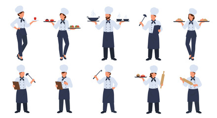 Obraz premium Set of professional chefs and restaurant staff characters in white uniforms carrying food trays and kitchen utensils.