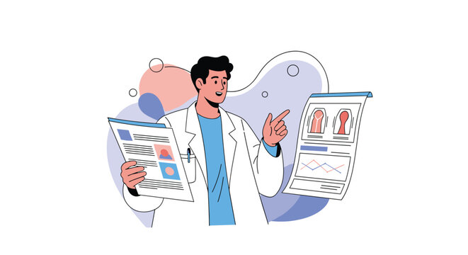 Professional doctor in a white lab coat pointing at medical reports and anatomical charts explaining a diagnosis.
