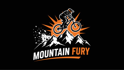 Dynamic illustration of a mountain biker performing a jump over rocky peaks, with a sunburst effect and the text "MOUNTAIN FURY" below.