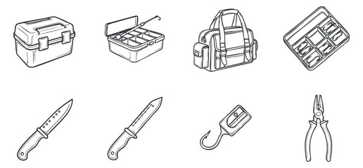 A collection of various hand tools including a toolbox, knives, pliers, and a work bag in black and white outline vector style, ideal for handyman services and repair projects