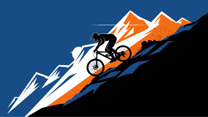 Silhouette of a mountain biker descending a steep, rocky slope with snow-capped mountains in the background under a blue sky. © morph
