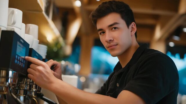 A maintenance professional adjusting the heating system thermostat in a cozy coffee shop, ensuring patrons are comfortable while enjoying their beverages and the inviting atmosphere of the café