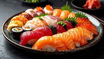 Close-up of a diverse sushi platter, artfully arranged, with various fish and rice preparations