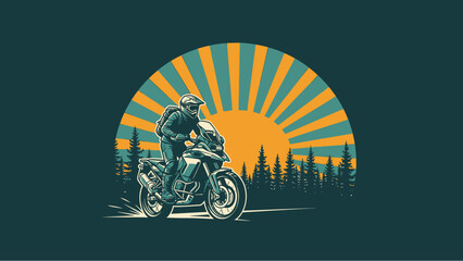 Adventure Motorcycle Rider on Dusty Trail with Sunset Sunburst and Forest Silhouette © morph