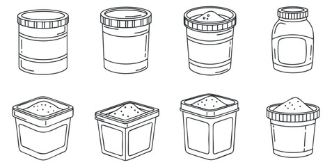 A collection of various kitchen jars and containers in minimalist outline vector style, suitable for food storage branding or culinary designs