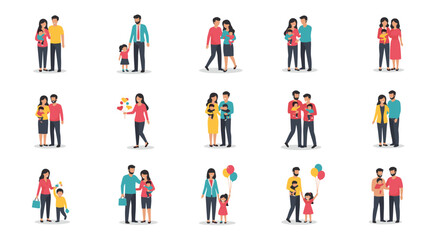 Diverse families including couples, same sex pairs, and single parents with children standing together in a flat vector illustration style.