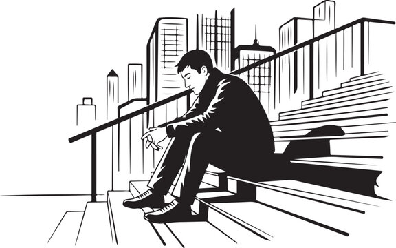 Lonely businessman sitting on city stairs with downtrodden expression