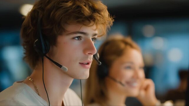 An active call center illustrates telemarketing workflows, where agents manage call scripts, customer data, and performance metrics. cinematic color correction, natural uneven lighting yet gentle