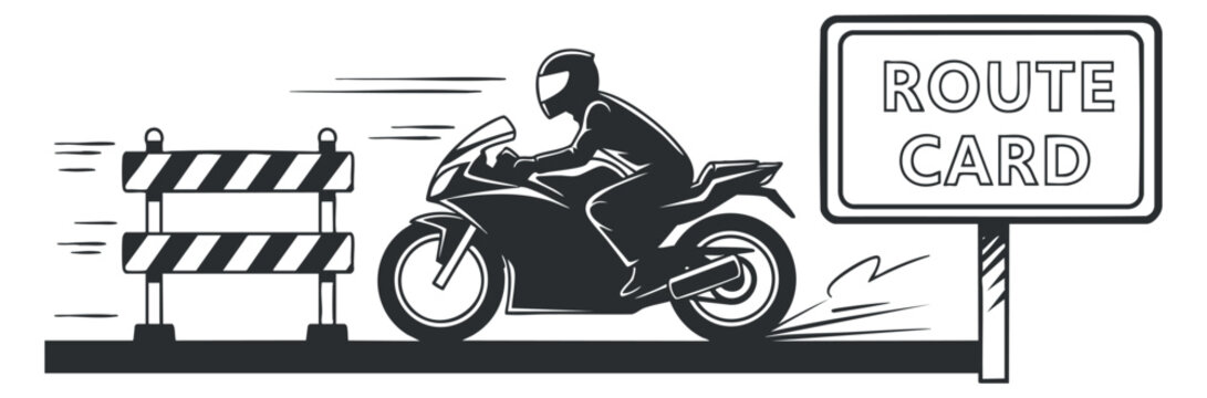 A motorcycle rider speeding past a roadblock sign with the words 'Route Card' in black and white vector style, ideal for travel and adventure themes