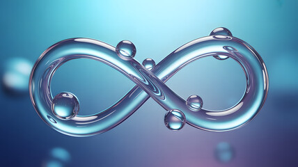 Clear transparent infinity symbol with flowing spheres on a blue purple gradient abstract digital ar