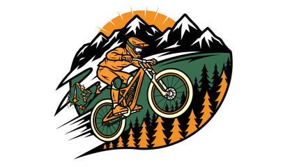 Extreme Mountain Biking Adventure Silhouette with Snowy Peaks and Lush Forest Scenery © morph