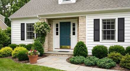 Charming white house with blue door and lush garden landscaping