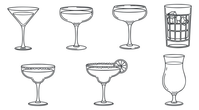 A collection of various cocktail glasses in minimalist outline vector style, suitable for bar menus and drink promotions