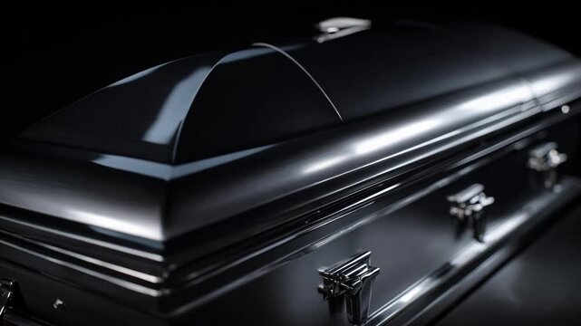 Medium shot capturing sleek metal coffins with polished surfaces emphasizing durability and modern burial alternatives.