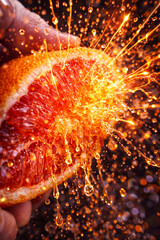 Cut grapefruit releasing juice and splashes with vibrant colors in a dark background