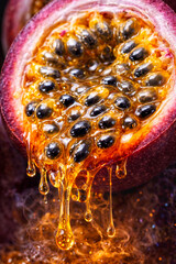 Passion fruit split open showing juicy flesh and seeds with syrup dripping out created for stock photo 2026 creative trends