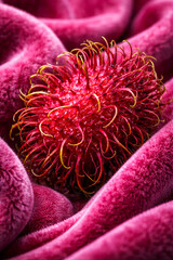 Rambutan fruit placed on soft pink fabric with detailed texture and natural light