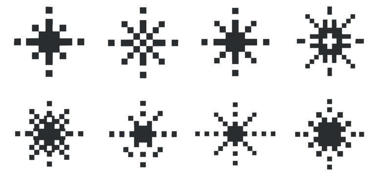 A collection of eight pixelated star icons in black and white minimalist vector style, ideal for digital design projects
