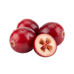 Fototapeta premium Fresh red cranberries with glossy skin and a halved fruit revealing seeds and pale flesh, highlighting natural texture and ripeness, ideal for food, nutrition, and healthy ingredient concepts.