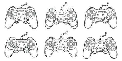A collection of six gaming controllers in outline vector style, perfect for video game design and branding