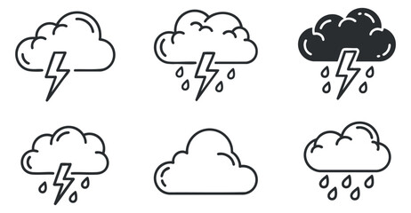 Fototapeta premium A collection of six cloud and lightning icons in black and white outline vector style, suitable for weather-related designs
