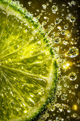 Sliced lime with water droplets and bubbles creating a fresh and vibrant scene in a bright setting