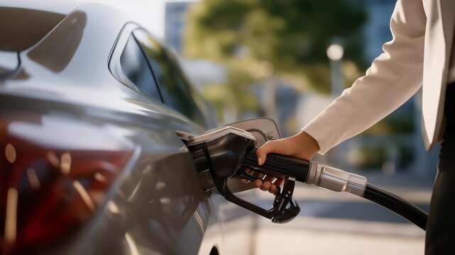 Autogas refueling moment showing fuel pump gun connected to vehicle, person standing nearby, emphasizing LPG usage, cost saving fuel, and modern driving habits. cinematic color correction, natural