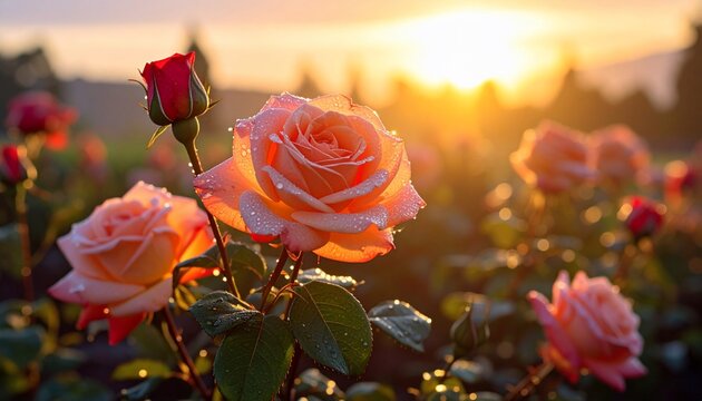 Rose garden bathed in golden light at dawn or dusk, with dewdrop-covered blossoms
