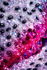 Close up view of fresh fruit with water droplets and shimmering crystals on a bright background