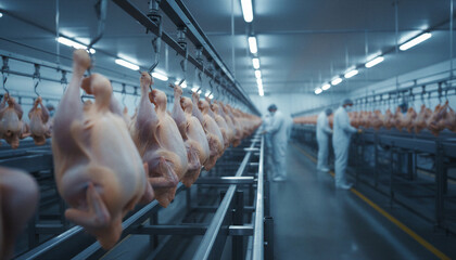 Industrial poultry processing plant with automated conveyor and adult workers in white protective suits handling raw chicken carcasses in clean factory