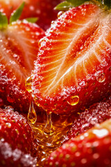 Fresh strawberries with honey dripping during summer season in a bright kitchen setting