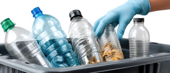 Hand in blue glove recycling plastic bottles in a trash bin on a white background with space for additional text