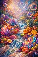 Colorful fruits and sparkling gems in a vibrant forest setting during golden hour light